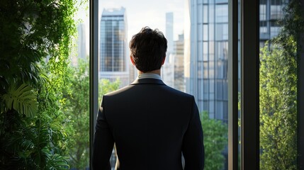 Fototapeta premium Young businessman in modern coworking space gazing at city skyline through large window surrounded by greenery and natural light.