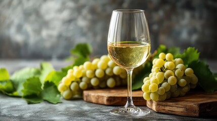 Obraz premium Fresh white grapes with a glass of white wine on a textured surface, complemented by green grape leaves, showcasing the essence of winemaking, food and beverage, organic produce.