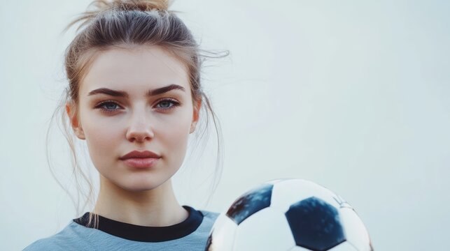 Young woman in sportswear confidently holding a soccer ball on a neutral background showcasing athleticism and determination