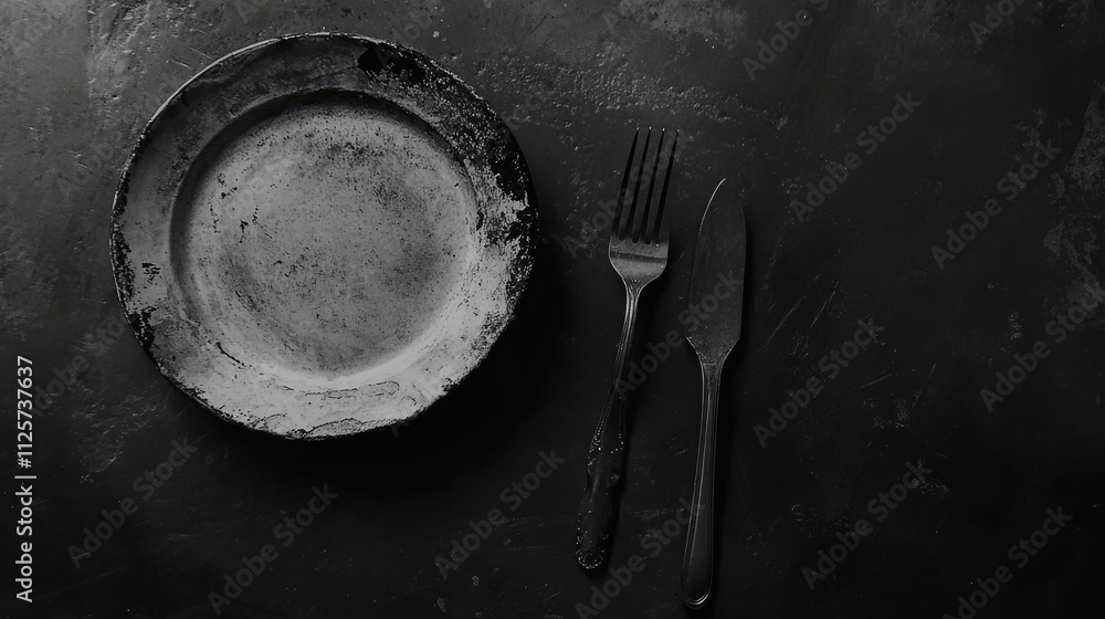 Poster vintage table setting with tarnished utensils beside an empty plate on a dark textured background