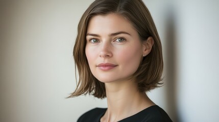 Fototapeta premium Confident young businesswoman posing against a neutral white backdrop, showcasing professional attire and a natural expression, portrait, business, femininity, career focus.