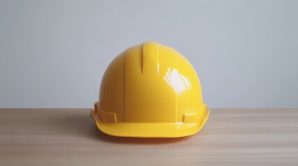 Bright yellow safety construction helmet positioned on a rustic wooden table, with a plain white background emphasizing its protective features, construction, safety equipment, industry.