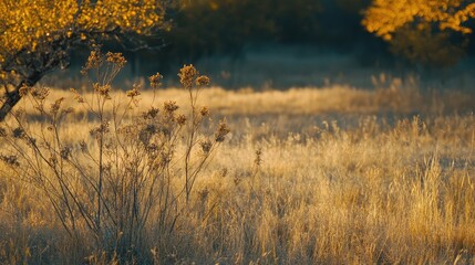 Golden autumn meadow with dry yellow grass and wildflowers, illuminated by warm sunset light, creating a tranquil fall landscape during golden hour, nature, serene, meadow.