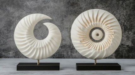Elegant white gypsum shell sculptures with intricate designs on black stands perfect for modern home decor and interior styling.
