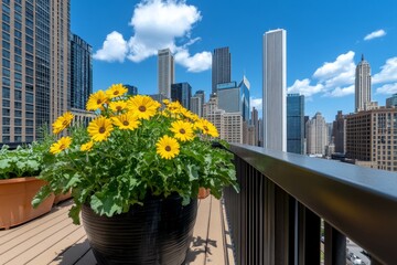 Fototapeta premium A vibrant photo of a rooftop garden filled with vegetables and flowers, set against an urban skyline