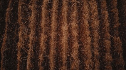 Aerial view of a wheat stubble field post-harvest, featuring textured rows of straw and earth, showcasing agricultural landscape, farming, and natural patterns.