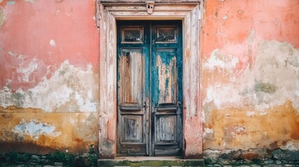 Weathered wooden door with peeling paint on a dilapidated house, framed by cracked walls and vibrant colors, rustic charm, architectural detail, vintage aesthetics.