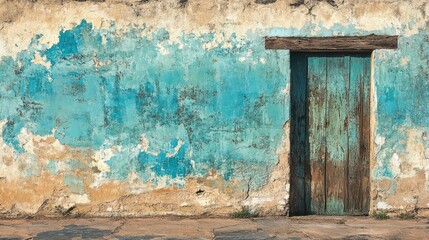 Weathered turquoise wall with rustic wooden door in New Mexico showcasing vibrant color and texture in aged architecture.