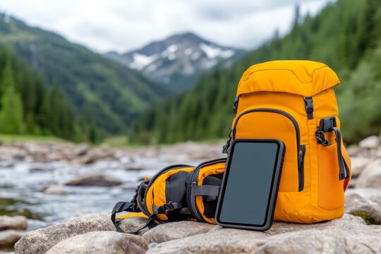 A vibrant photo of an ebook reader placed beside hiking gear in the wilderness, showcasing its portability