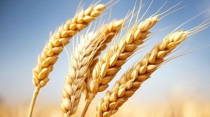 Golden wheat field under a blue sky, close-up of ripe wheat stalks, highlighting texture and color, agriculture, rural scenery, nature, harvest time.