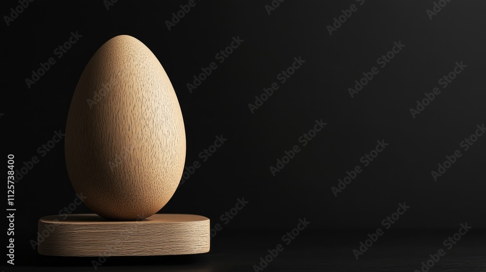 Poster wooden egg on a circular stand against a solid black background, creating a minimalistic and elegant