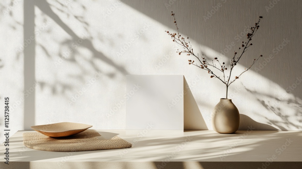 Poster minimalist invitation card mockup with natural decor elements including a vase and soft shadows on a