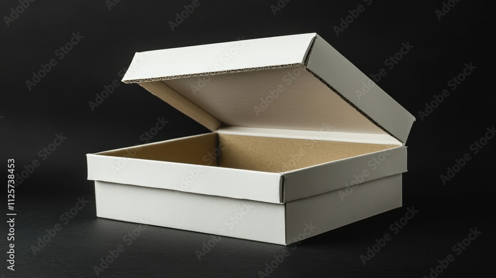 Aufkleber white open cardboard box with lid, positioned on a black background, emphasizing clean lines and tex