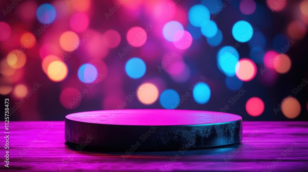 Poster vibrant abstract pedestal display with colorful bokeh background for product showcasing or creative 
