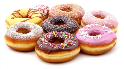 Assorted colorful donuts arranged on a white background showcasing various toppings and flavors ideal for dessert advertising and promotions