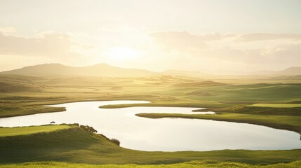 Obraz premium Expansive natural landscape with serene grasslands, conifers, and a tranquil lake against a backdrop of soft sunlight and distant hills.