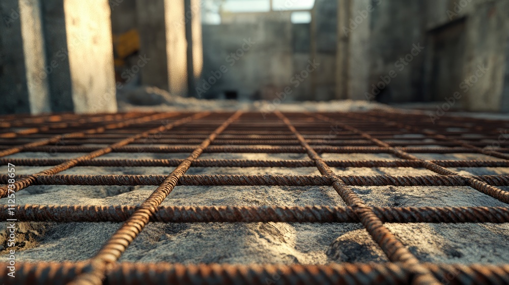 Poster rusty square reinforcement mesh on a concrete construction site with industrial backdrop and texture