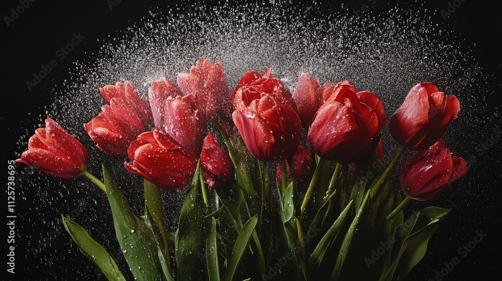 Poster vibrant red tulips illuminated with water droplets creating a refreshing and dynamic floral display 