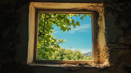 Tree branches framing a broken window in a crumbling wall surrounded by nature and blue sky in a peaceful urban decay setting