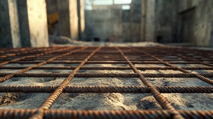Rusty square reinforcement mesh on a concrete construction site with industrial backdrop and textured surface for building projects