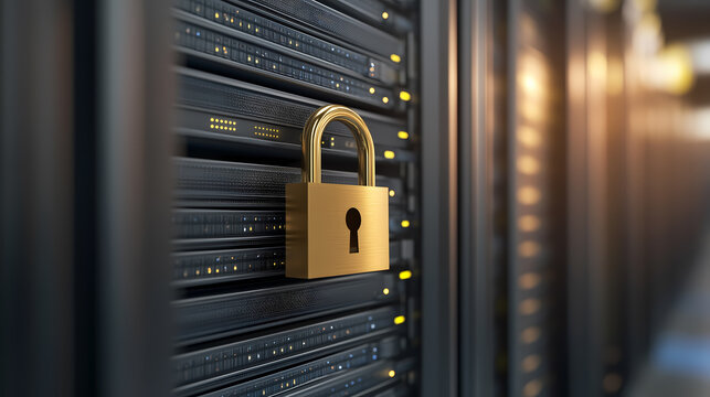Close-up of a golden padlock mounted on black server rack equipment, symbolizing data security and network protection in a modern data center environment.