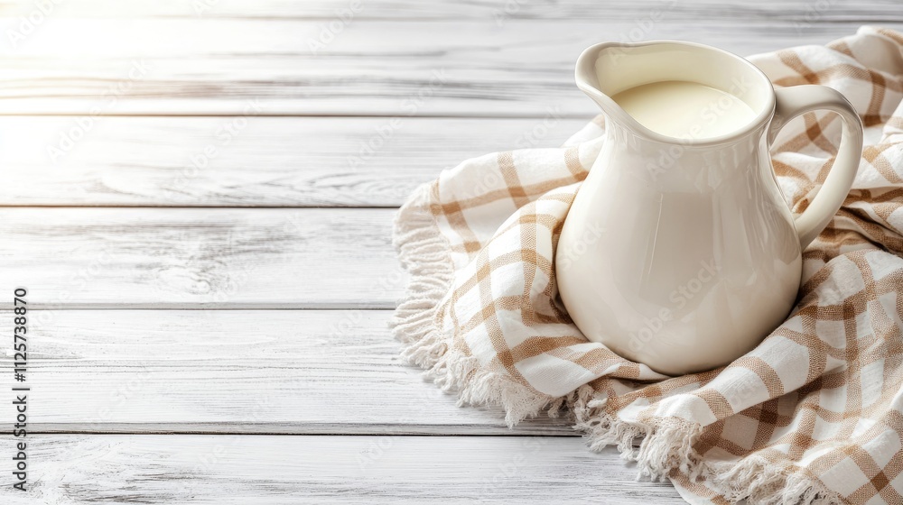 Poster rustic white milk pitcher on a wooden table with checkered cloth sunlit farmhouse style with ample c
