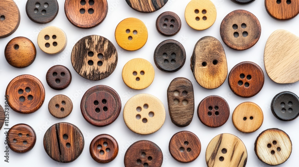 Poster collection of assorted wooden buttons arranged on a white background showcasing various shapes and c