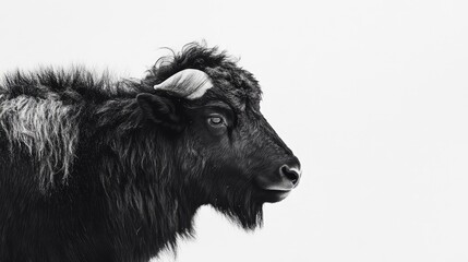Young Muskox in profile showcasing thick fur and distinctive horns against a minimalist white background for wildlife photography display.