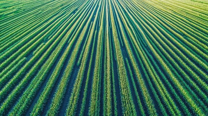 Obraz premium Vibrant green field of young wheat crops with distinct straight rows, captured from above, emphasizing agricultural patterns, farming, nature, growth, rural landscape.