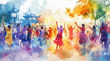 Joyful crowd celebrates, vibrant watercolor painting.