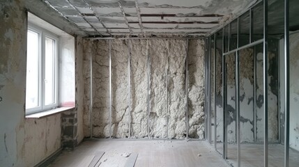 Interior renovation phase showcasing mineral rock wool insulation and metal framing ready for drywall installation in a residential room.