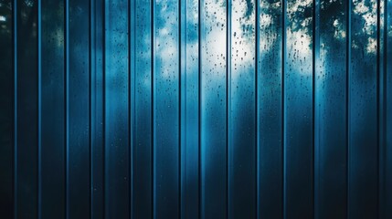 Vertical striped pattern with raindrops on a window creating a moody blue background atmosphere and soft blurred forest view behind.
