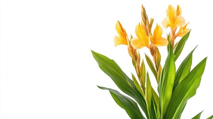 Vibrant yellow canna lily flowers with lush green leaves isolated on white background showcasing natural beauty and elegance