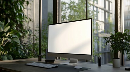 Fototapeta premium Modern Workspace With Blank Computer Screen Near Window
