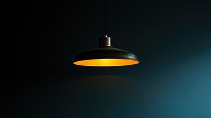 Modern pendant light with a metallic shade casting warm yellow light, isolated against a dark background, emphasizing design and ambiance, interior decor, lighting design, contemporary style.