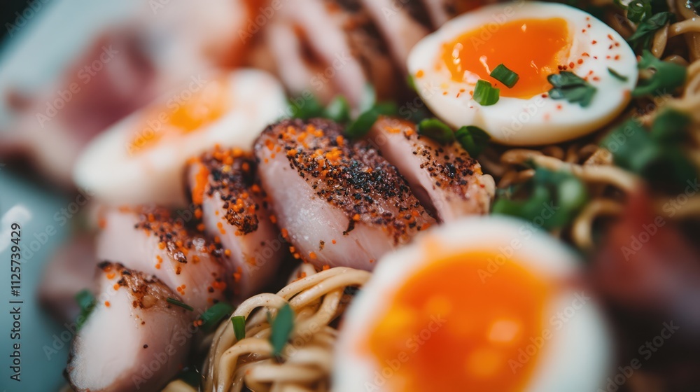 Poster ramen noodles topped with soft boiled eggs and bacon beautifully arranged in a close up view delicio
