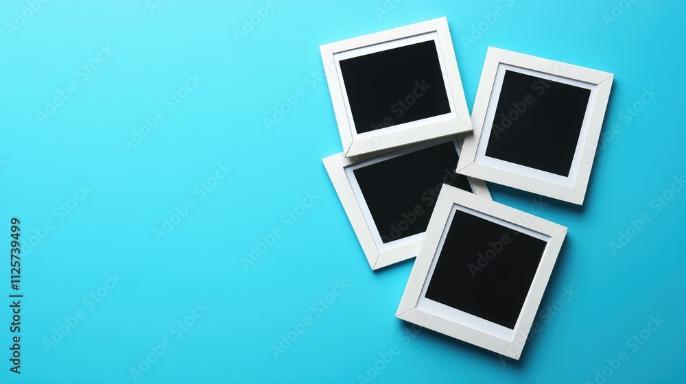 Poster white and black photo frames arranged on a vibrant blue background, featuring empty spaces for perso