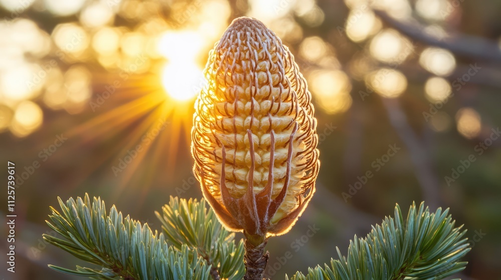 Poster serene sunset light illuminating a seed pod with pine trees in soft focus creating a tranquil nature
