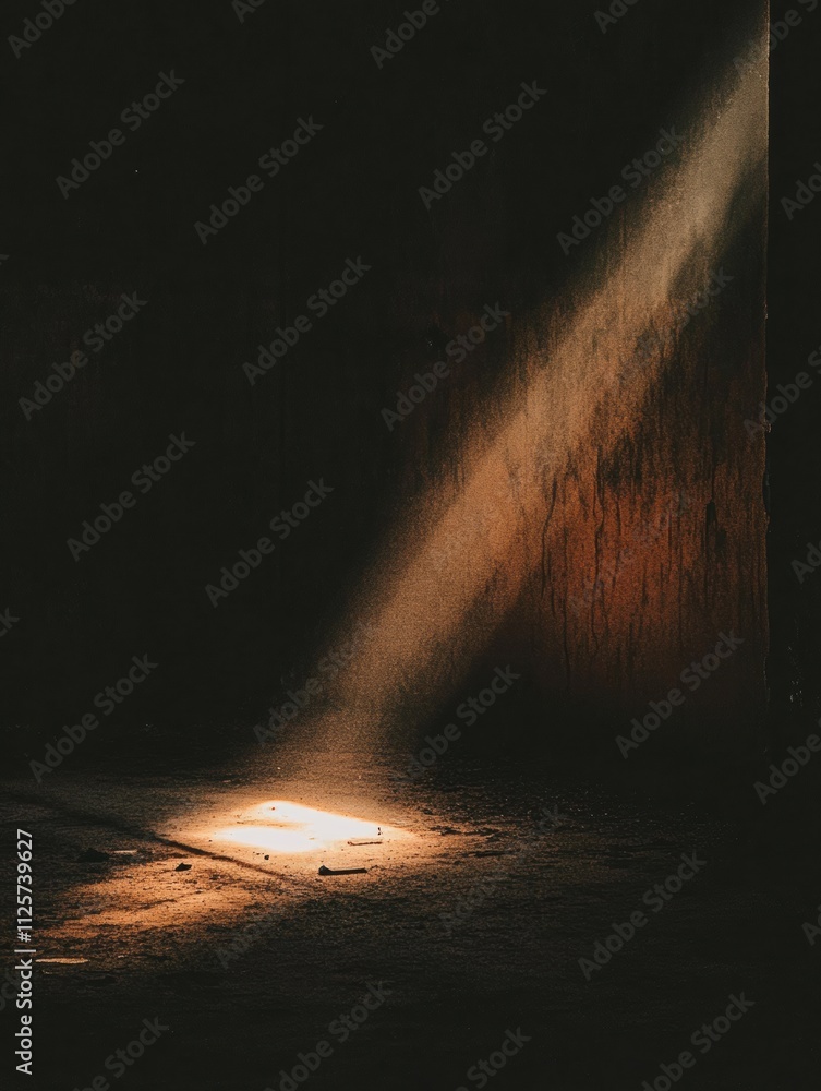 Aufkleber A small beam of light illuminates the floor of a dark, deserted space, creating a feeling of abandonment and prompting reflection. Generative AI