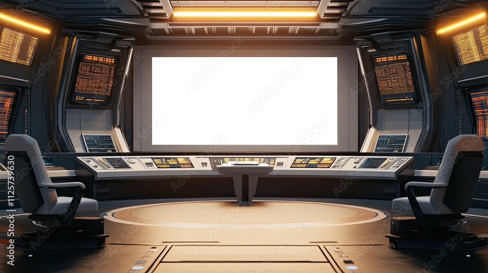 Poster futuristic spaceship bridge with blank main screen and control panels