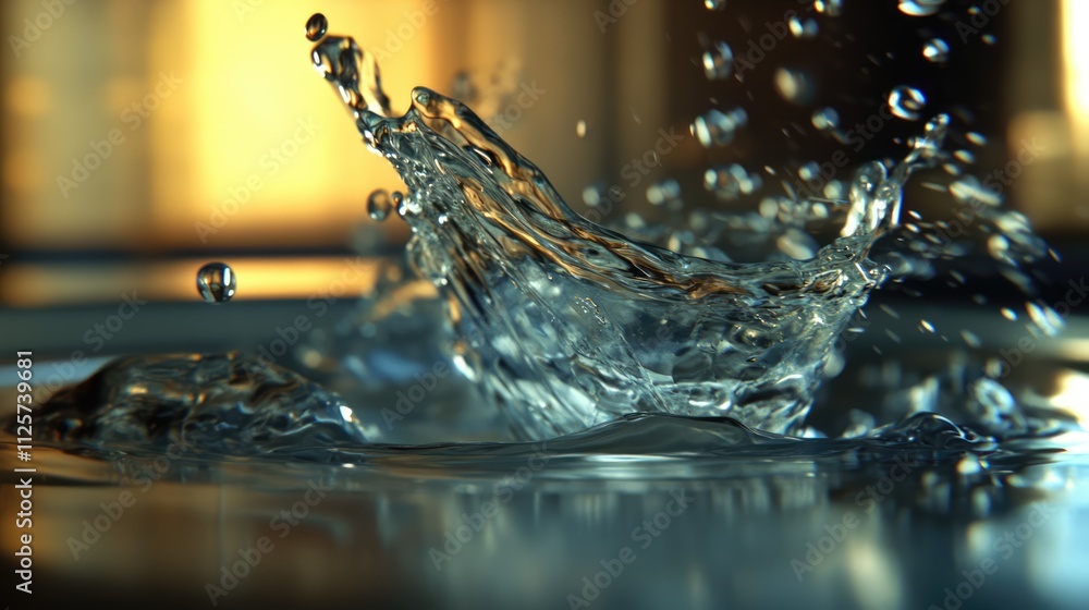 Poster high-resolution image of clear water splashing from a glass, captured in detail with dynamic droplet