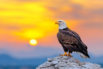 Fototapeta premium An eagle standing on a mountaintop, framed by a golden sunset with dramatic clouds in the sky