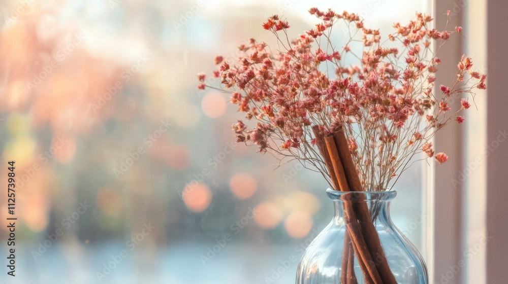 Aufkleber vase containing dried flowers and cinnamon sticks with a soft blurred background creating a warm and