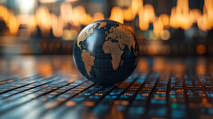crystal-clear globe rests on a financial chart, symbolizing global markets, economic connections, sustainability, and the interdependence of finance and environmental stewardship