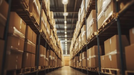Warehouse management system concept showcasing neatly stacked cardboard boxes in a spacious industrial storage facility interior.