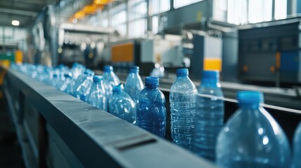 Plastic bottles on conveyor belt in recycling facility showcasing waste management and sustainable practices in plastic recycling industry