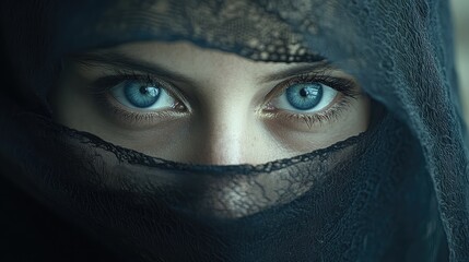 Close-up portrait of a woman with striking blue eyes partially covered by a delicate black veil, emphasizing her facial features and gaze, beauty, culture, fashion, mystique.