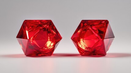 Red crystal dice reflecting light on a smooth white surface showcasing a modern design and vibrant color for gaming and decoration purposes