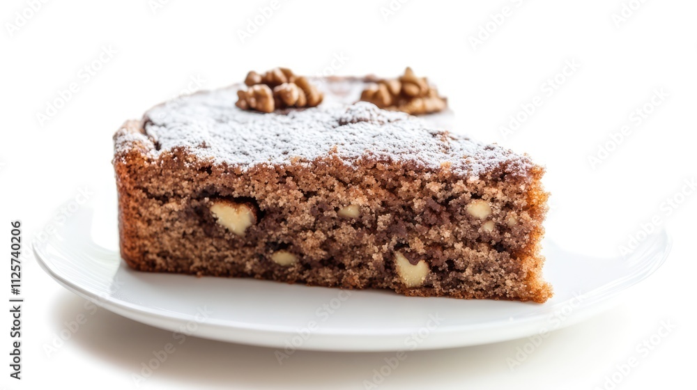 Aufkleber traditional german walnut cake slice on a plate displaying rich texture and topped with nuts isolate