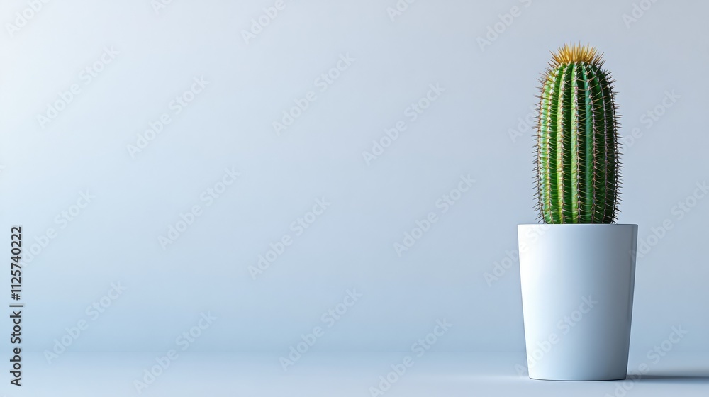 Poster small green cactus in a white pot with a minimalist design against a soft light background emphasizi